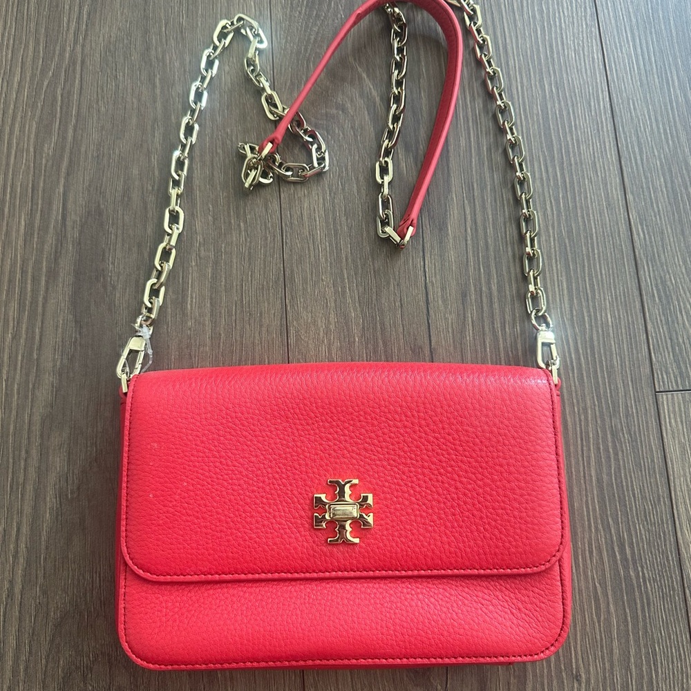 Tory Burch Red Gold Crossbody Bag with Flap Closure